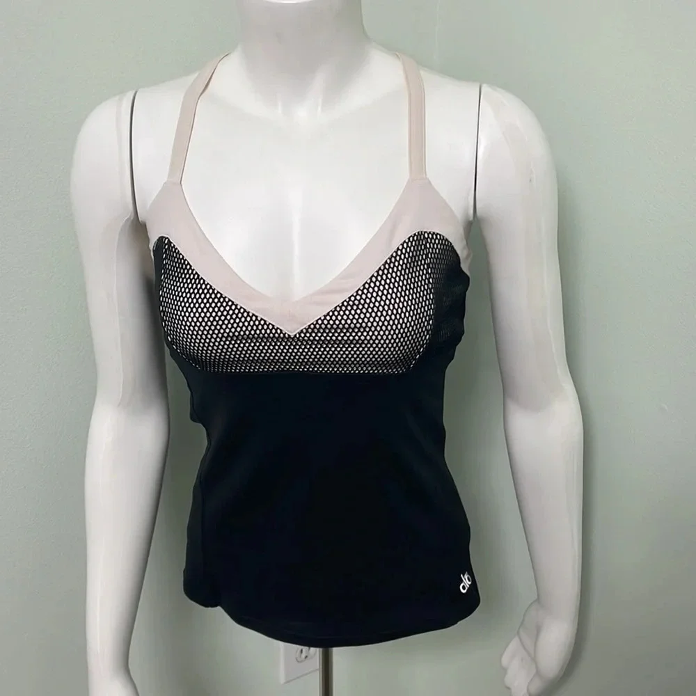 ALO Yoga Blossom Long Bra Tank Top in Pink Cloud & Black